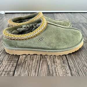 UGG Olive Suede Slippers with Patterned Trim